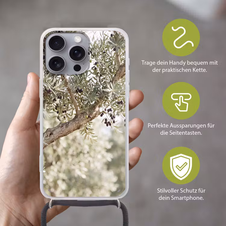 Handyhülle mit Band - Olivenbaum – Zweig – grün - Olijfboom - tak - groen Hoesje iPhone 16 Pro Max met koord klein