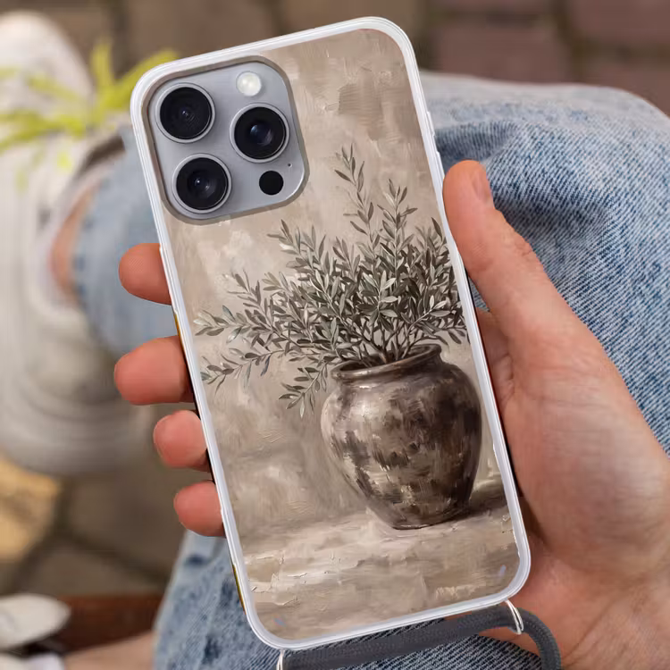 Olijfplant - Aardenpot - Abstract - Beige Hoesje iPhone 16 Pro Max met koord klein -sfeer3