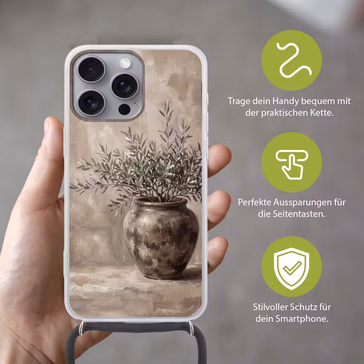 Olijfplant - Aardenpot - Abstract - Beige Hoesje iPhone 16 Pro Max met koord klein -sfeer2_DE