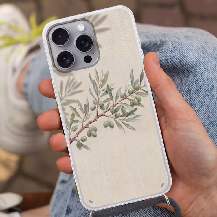 Olijftak - Bladeren - Natuur - Groen - Beige Hoesje iPhone 16 Pro Max met koord klein -sfeer3