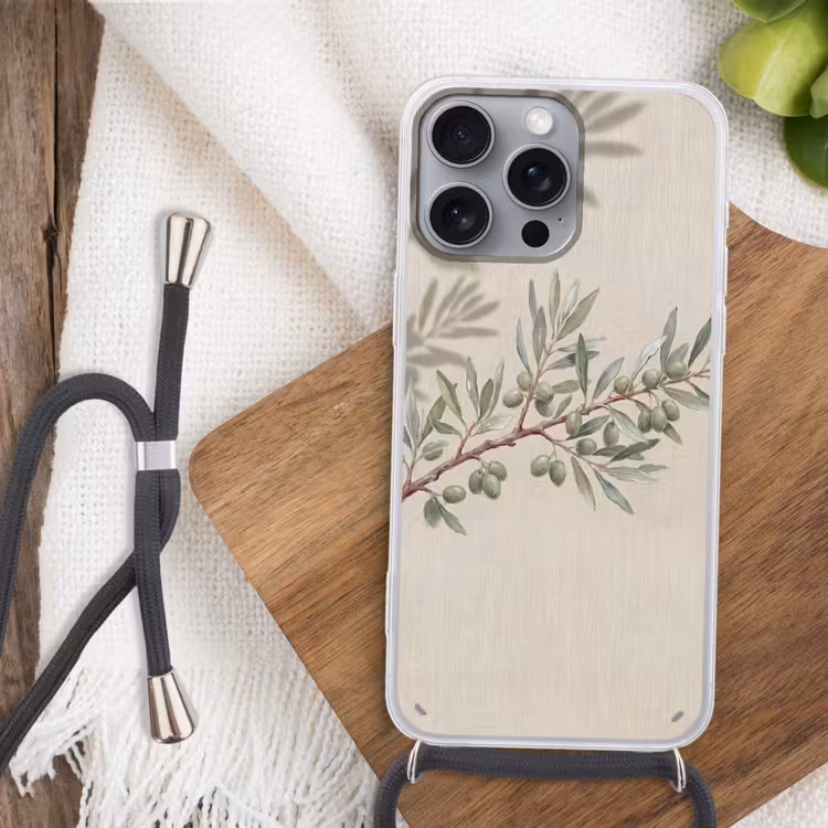 Olijftak - Bladeren - Natuur - Groen - Beige Hoesje iPhone 16 Pro Max met koord klein -sfeer4