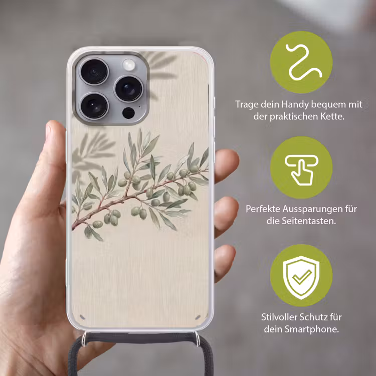 Olijftak - Bladeren - Natuur - Groen - Beige Hoesje iPhone 16 Pro Max met koord klein -sfeer2_DE