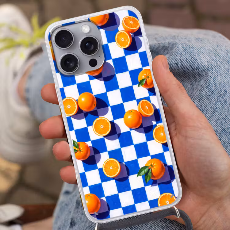 Handyhülle mit Band - Orange – Kariert – Essen - Sinaasappel - Geruit - Eten Hoesje iPhone 16 Pro Max met koord klein