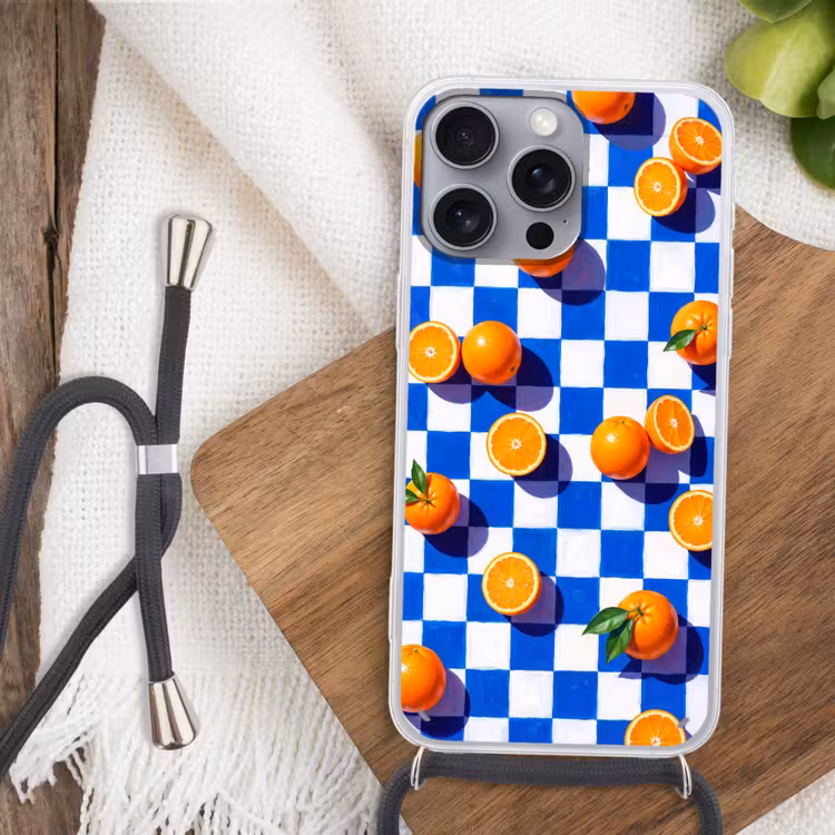 Handyhülle mit Band - Orange – Kariert – Essen - Sinaasappel - Geruit - Eten Hoesje iPhone 16 Pro Max met koord klein