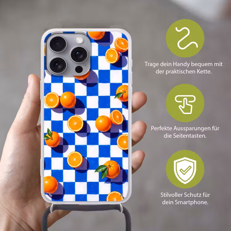 Handyhülle mit Band - Orange – Kariert – Essen - Sinaasappel - Geruit - Eten Hoesje iPhone 16 Pro Max met koord klein