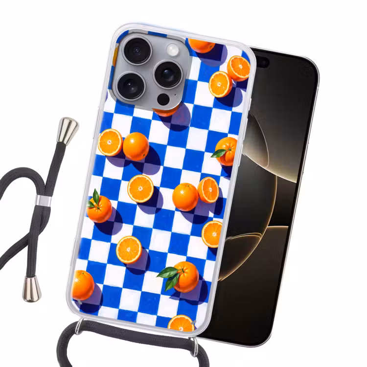 Handyhülle mit Band - Orange – Kariert – Essen - Sinaasappel - Geruit - Eten Hoesje iPhone 16 Pro Max met koord klein