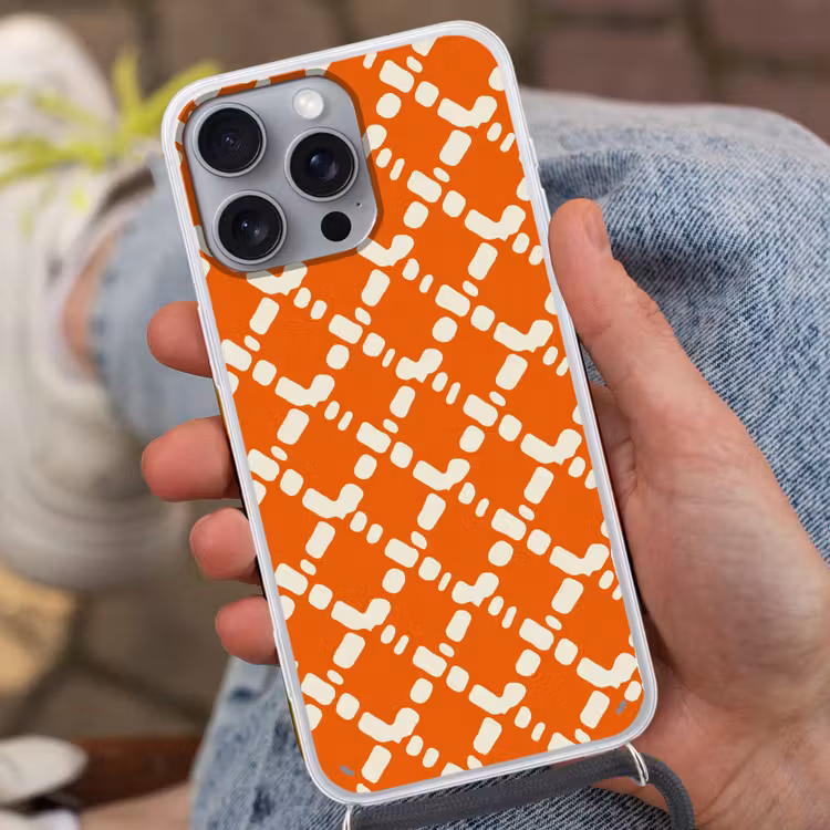 Oranje - Ruitpatroon - Wit Hoesje iPhone 16 Pro Max met koord klein 804 -sfeer3
