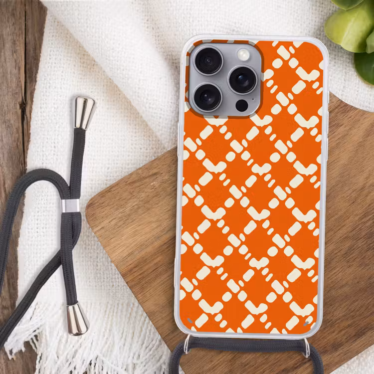 Oranje - Ruitpatroon - Wit Hoesje iPhone 16 Pro Max met koord klein 804 -sfeer4