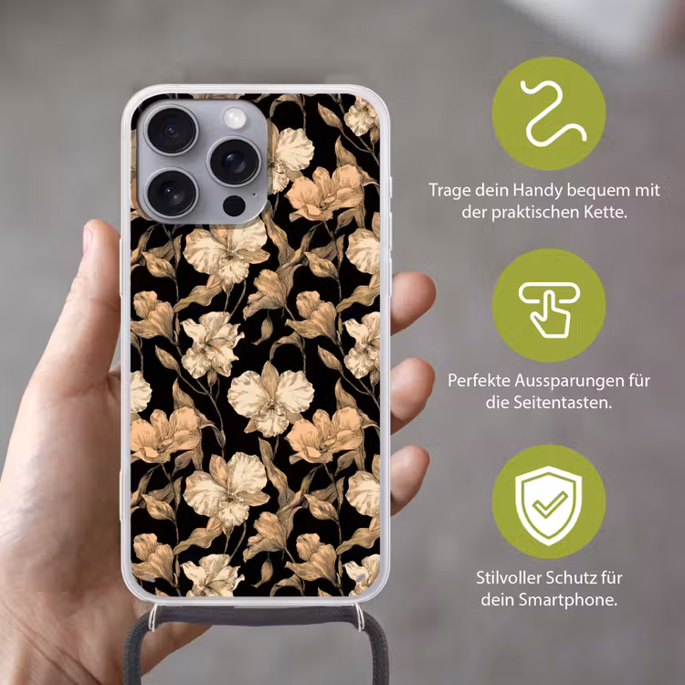 Orchideeën - Lijntekening - Patroon - Beige - Zwart Hoesje iPhone 16 Pro Max met koord klein 804 -sfeer2_DE