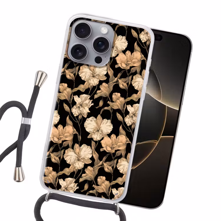 Orchideeën - Lijntekening - Patroon - Beige - Zwart Hoesje iPhone 16 Pro Max met koord klein 804 -sfeer1