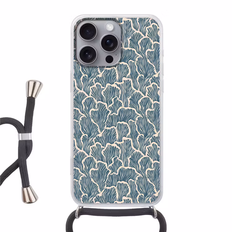 Organisch - Blauw - Crème - Schelpen Hoesje iPhone 16 Pro Max met koord klein 804 -3d