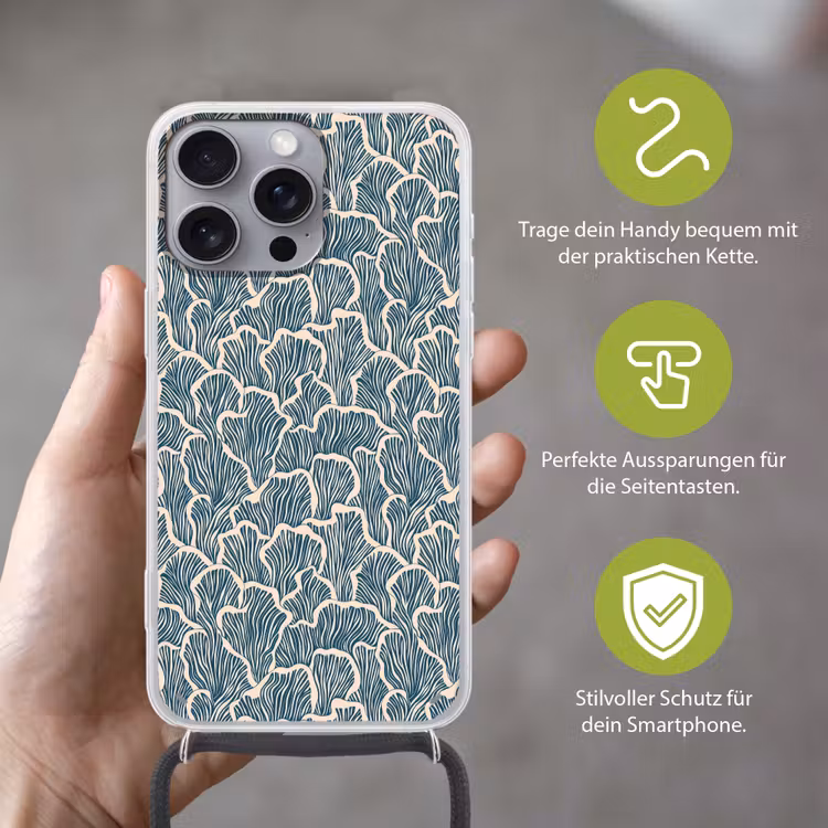 Organisch - Blauw - Crème - Schelpen Hoesje iPhone 16 Pro Max met koord klein 804 -sfeer2_DE