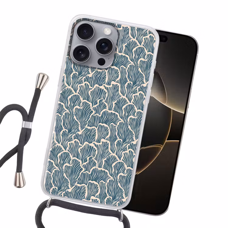 Organisch - Blauw - Crème - Schelpen Hoesje iPhone 16 Pro Max met koord klein 804 -sfeer1