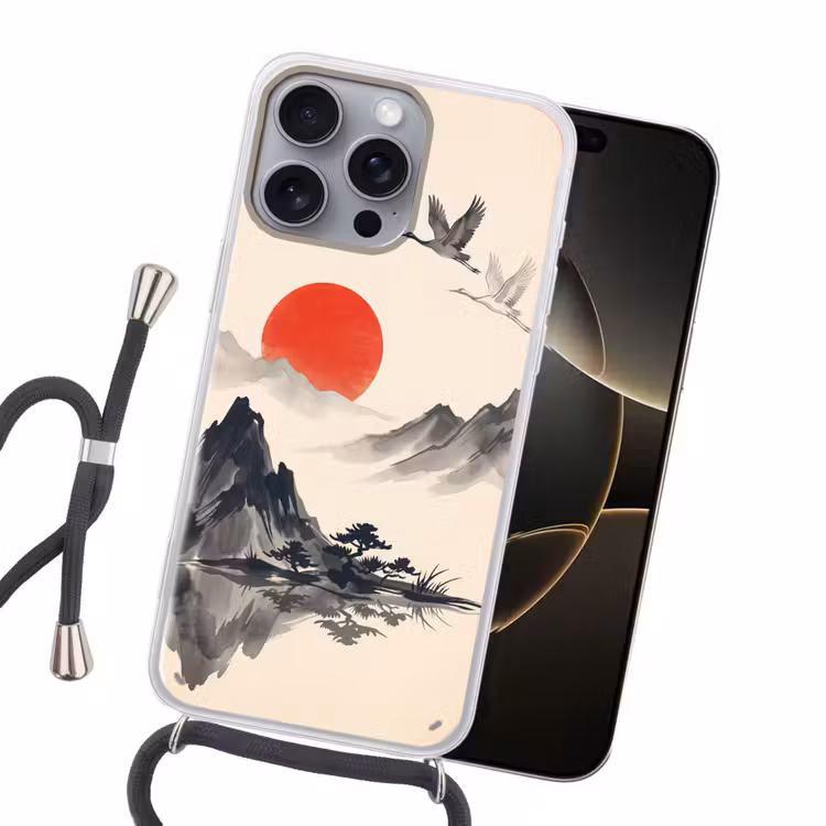 Oosters - Kraanvogels - Landschap Hoesje iPhone 16 Pro Max met koord klein -sfeer1
