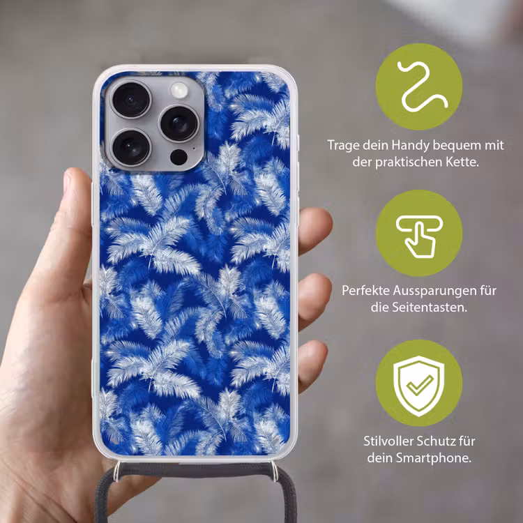Palmblad - Patroon - Blauw Hoesje iPhone 16 Pro Max met koord klein 804 -sfeer2_DE