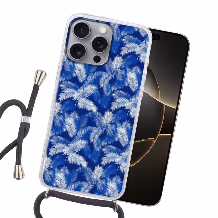 Palmblad - Patroon - Blauw Hoesje iPhone 16 Pro Max met koord klein 804 -sfeer1