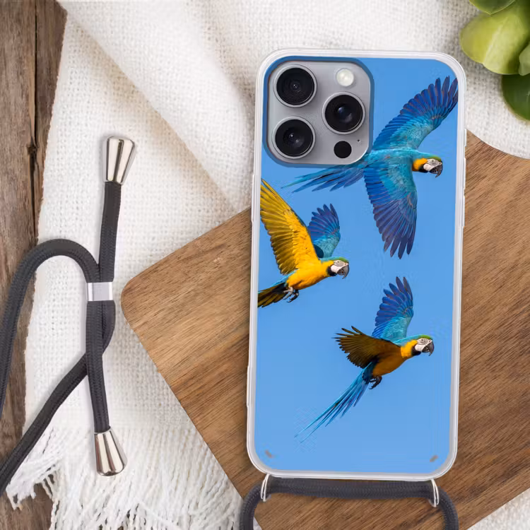 Papagaai - Vliegen - Blauw - Geel Hoesje iPhone 16 Pro Max met koord klein -sfeer4