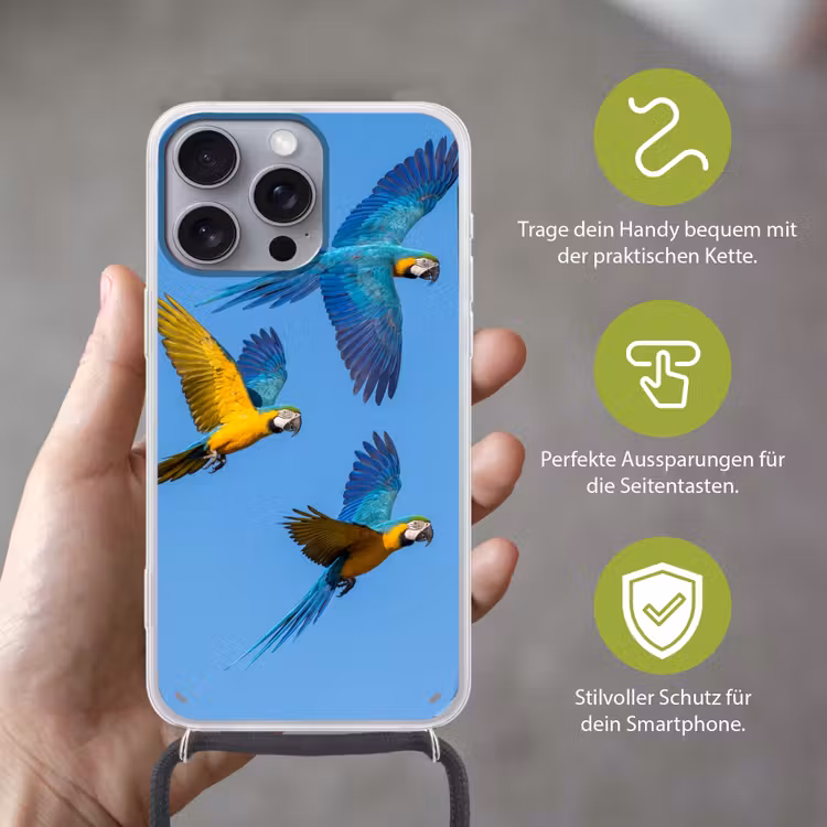 Papagaai - Vliegen - Blauw - Geel Hoesje iPhone 16 Pro Max met koord klein -sfeer2_DE
