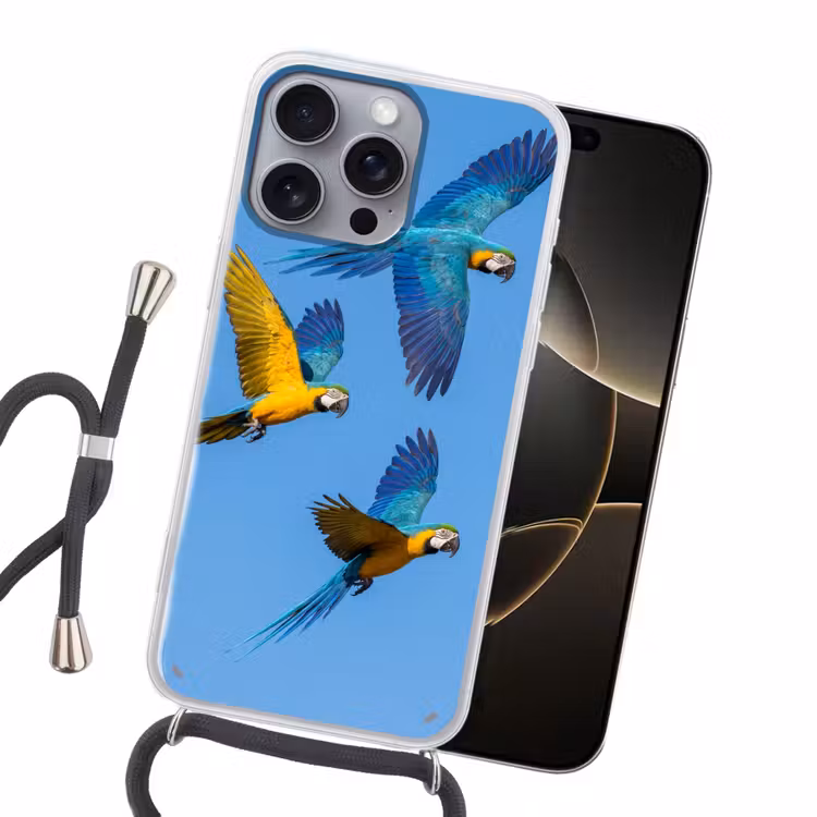 Papagaai - Vliegen - Blauw - Geel Hoesje iPhone 16 Pro Max met koord klein -sfeer1