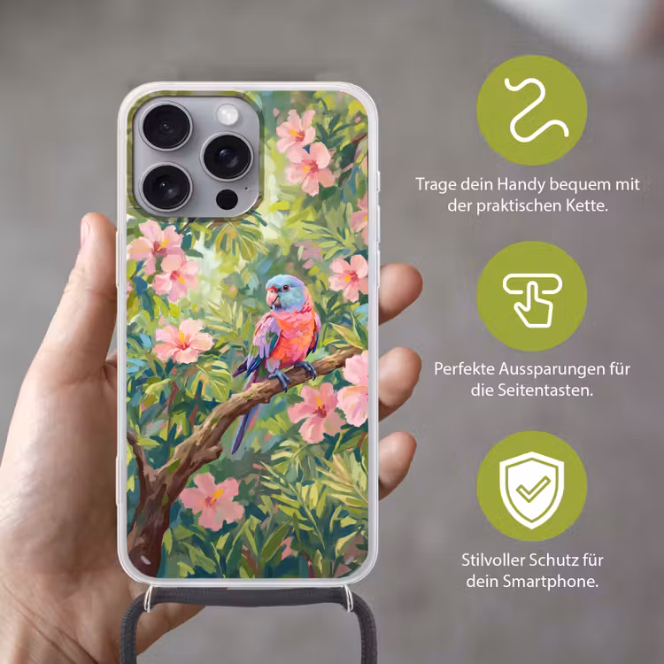 Papagaai - Hibiscusbloemen - Kleurrijk Hoesje iPhone 16 Pro Max met koord klein -sfeer2_DE