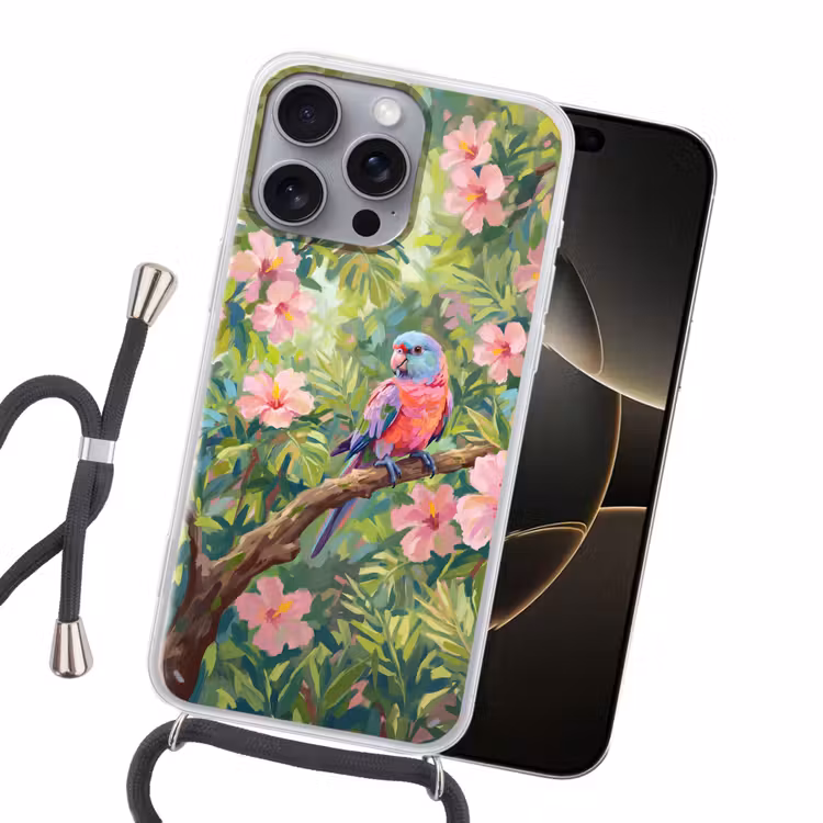 Papagaai - Hibiscusbloemen - Kleurrijk Hoesje iPhone 16 Pro Max met koord klein -sfeer1