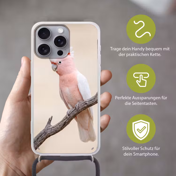 Papagaai - Tak - Roze Hoesje iPhone 16 Pro Max met koord klein -sfeer2_DE