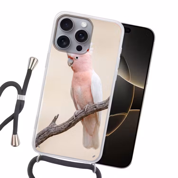 Papagaai - Tak - Roze Hoesje iPhone 16 Pro Max met koord klein -sfeer1