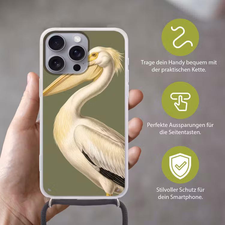 Pelikaan - Wit - Vogel - Klassiek - Natuur Hoesje iPhone 16 Pro Max met koord klein -sfeer2_DE