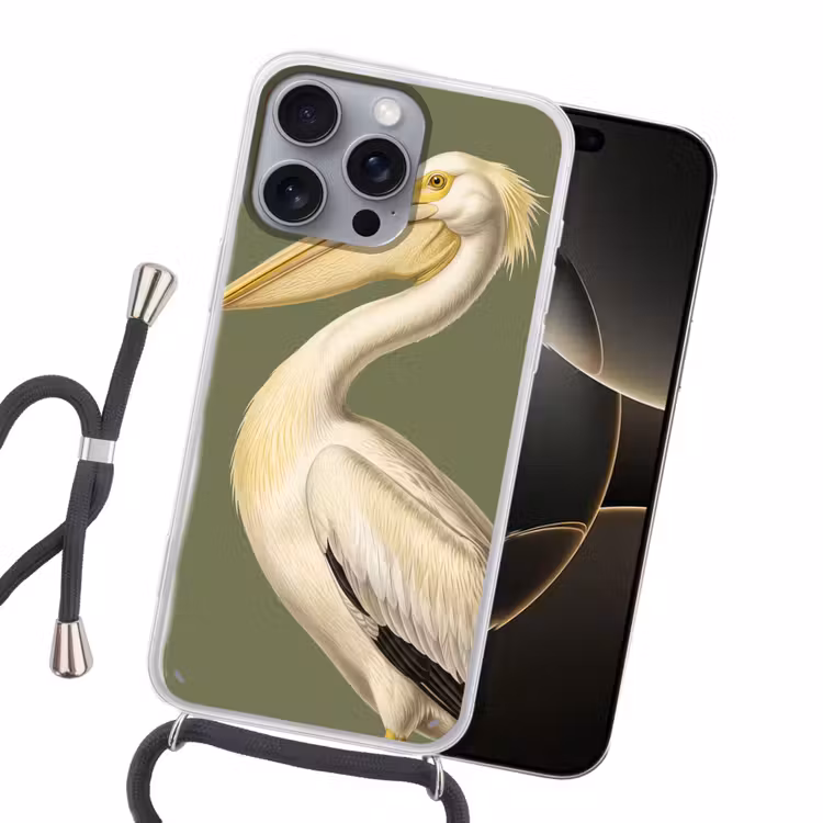 Pelikaan - Wit - Vogel - Klassiek - Natuur Hoesje iPhone 16 Pro Max met koord klein -sfeer1