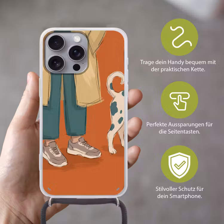 Persoon - Hond - Dieren - Illustratie - Modern Hoesje iPhone 16 Pro Max met koord klein -sfeer2_DE