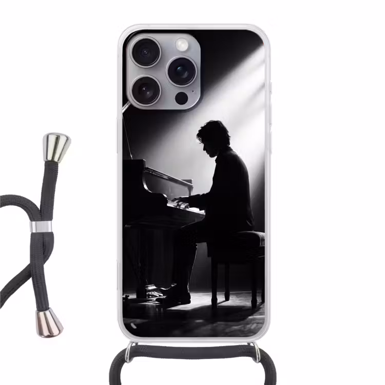 Persoon - Piano - Muziek - Zwart-wit - Podium Hoesje iPhone 16 Pro Max met koord klein -3d