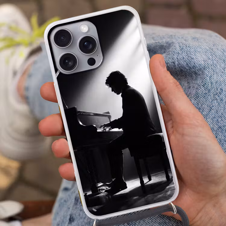 Persoon - Piano - Muziek - Zwart-wit - Podium Hoesje iPhone 16 Pro Max met koord klein -sfeer3