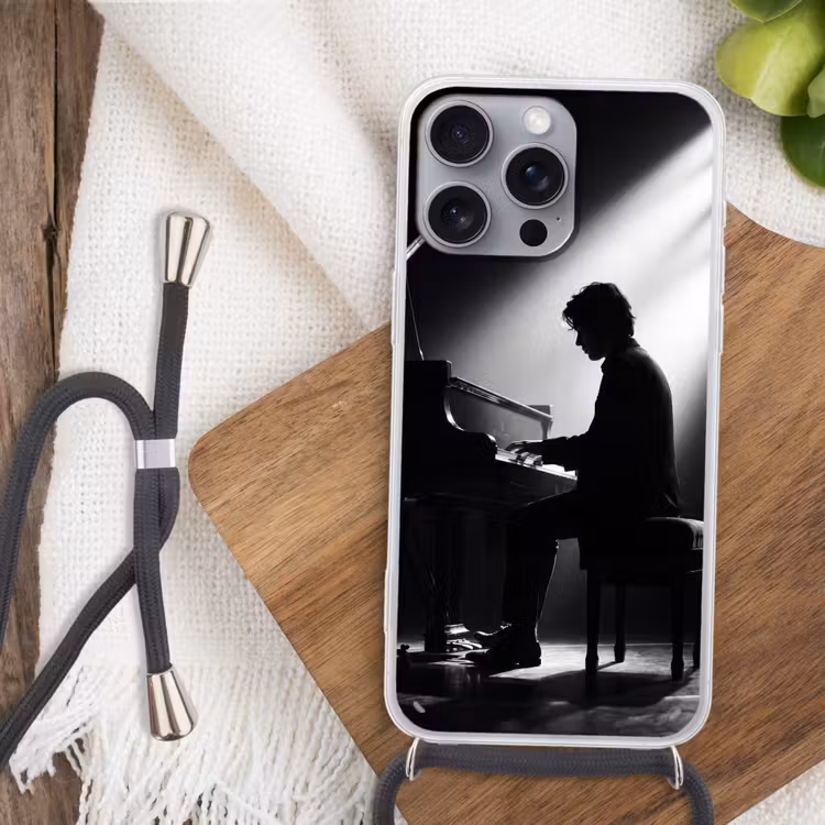 Persoon - Piano - Muziek - Zwart-wit - Podium Hoesje iPhone 16 Pro Max met koord klein -sfeer4