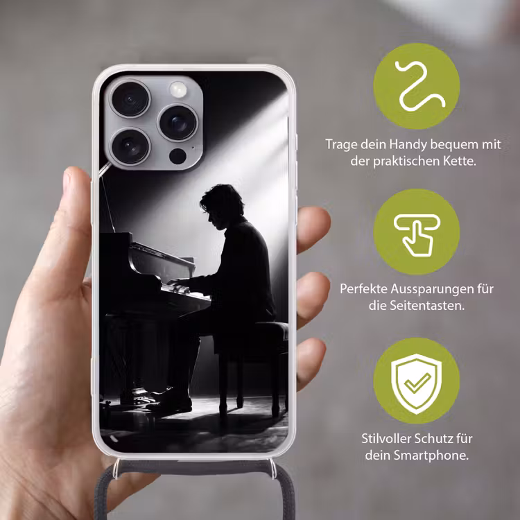 Persoon - Piano - Muziek - Zwart-wit - Podium Hoesje iPhone 16 Pro Max met koord klein -sfeer2_DE