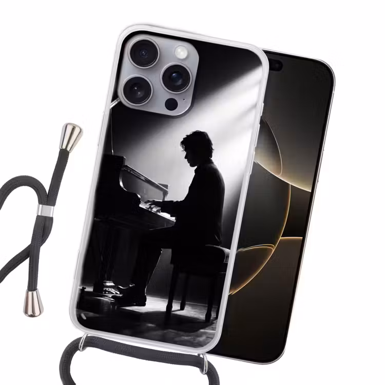 Persoon - Piano - Muziek - Zwart-wit - Podium Hoesje iPhone 16 Pro Max met koord klein -sfeer1