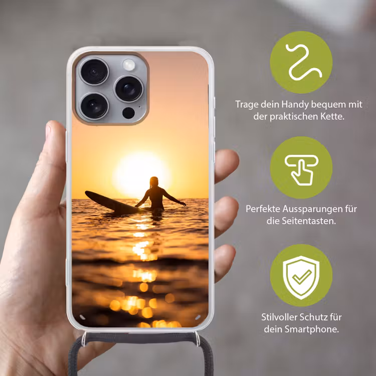 Persoon - Surfen - Zonsondergang - Zee - Oranje Hoesje iPhone 16 Pro Max met koord klein -sfeer2_DE