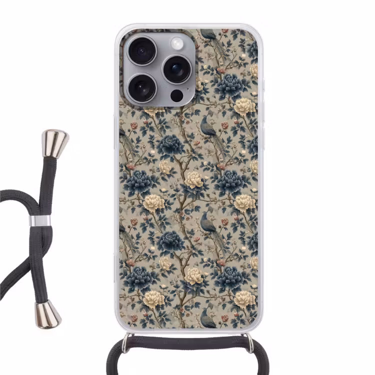 Pauw - Bloemen - Blauw Hoesje iPhone 16 Pro Max met koord klein 804 -3d