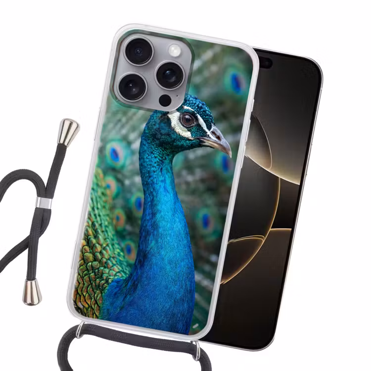Pauw - Veren - Blauw Hoesje iPhone 16 Pro Max met koord klein -sfeer1