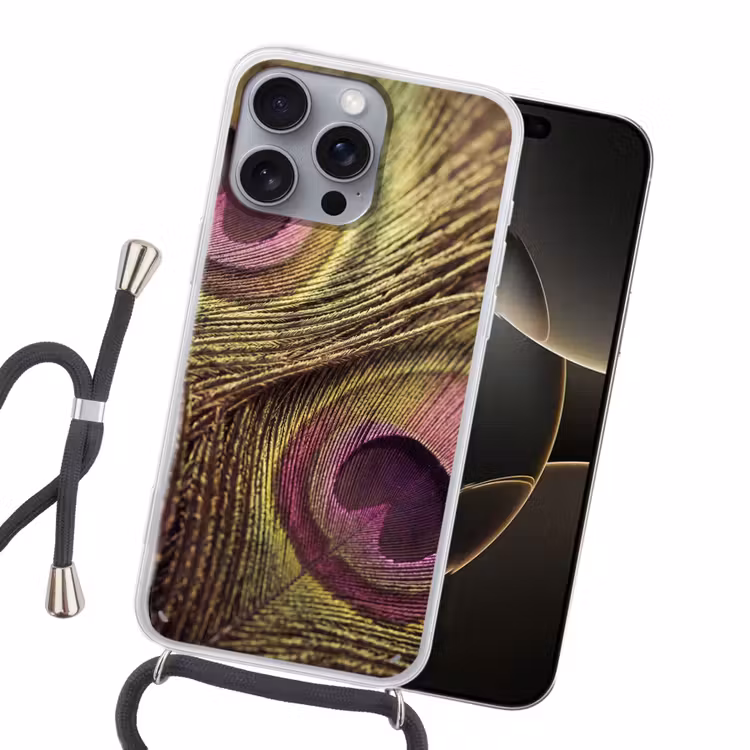 Pauw - Veren - Paars - Groen Hoesje iPhone 16 Pro Max met koord klein -sfeer1