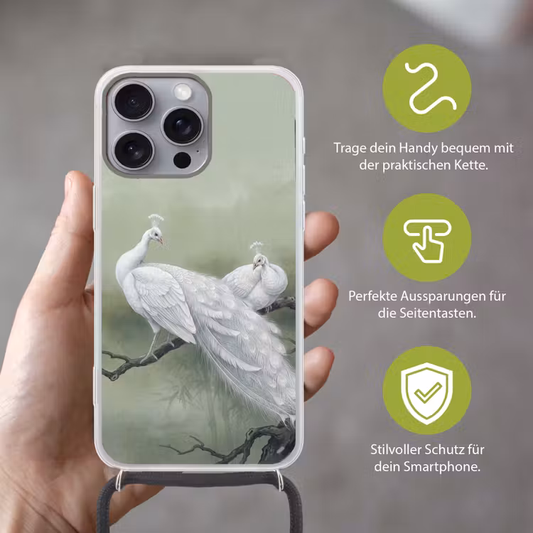 Pauwen - Wit - Natuur - Groen Hoesje iPhone 16 Pro Max met koord klein -sfeer2_DE