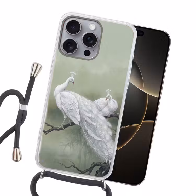 Pauwen - Wit - Natuur - Groen Hoesje iPhone 16 Pro Max met koord klein -sfeer1