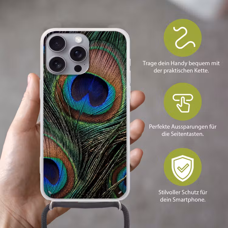 Pauwenveren - Klassiek - Groen Hoesje iPhone 16 Pro Max met koord klein -sfeer2_DE