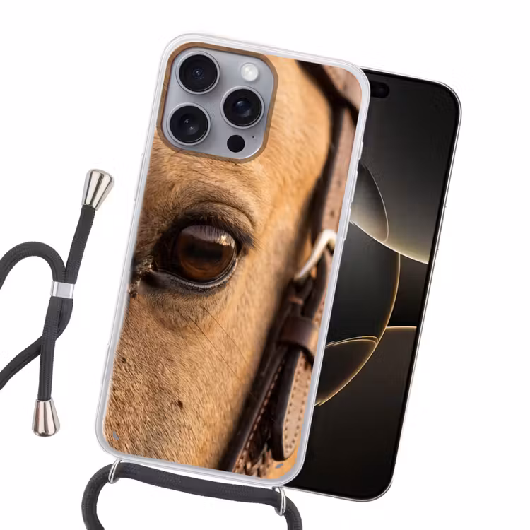 Paard - Oog - Bruin Hoesje iPhone 16 Pro Max met koord klein -sfeer1