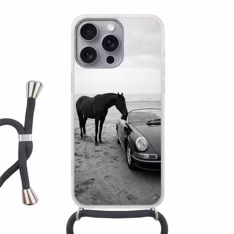 Paard - Auto - Zwart - Wit Hoesje iPhone 16 Pro Max met koord klein -3d