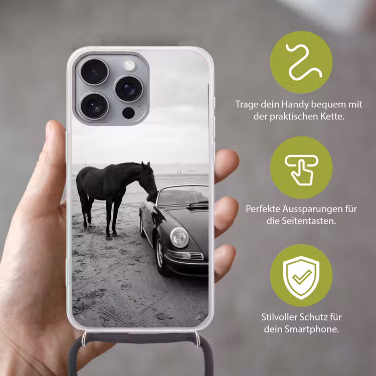 Paard - Auto - Zwart - Wit Hoesje iPhone 16 Pro Max met koord klein -sfeer2_DE