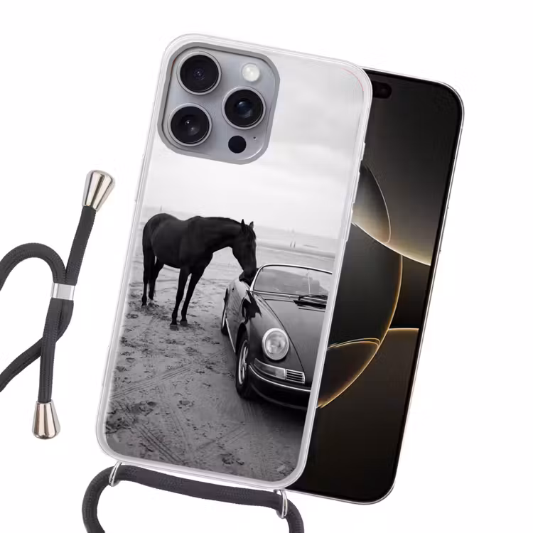 Paard - Auto - Zwart - Wit Hoesje iPhone 16 Pro Max met koord klein -sfeer1