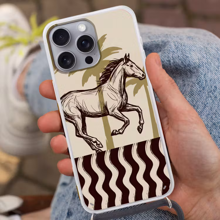 Paard - Galopperend - Woestijn - Illustratie Hoesje iPhone 16 Pro Max met koord klein -sfeer3