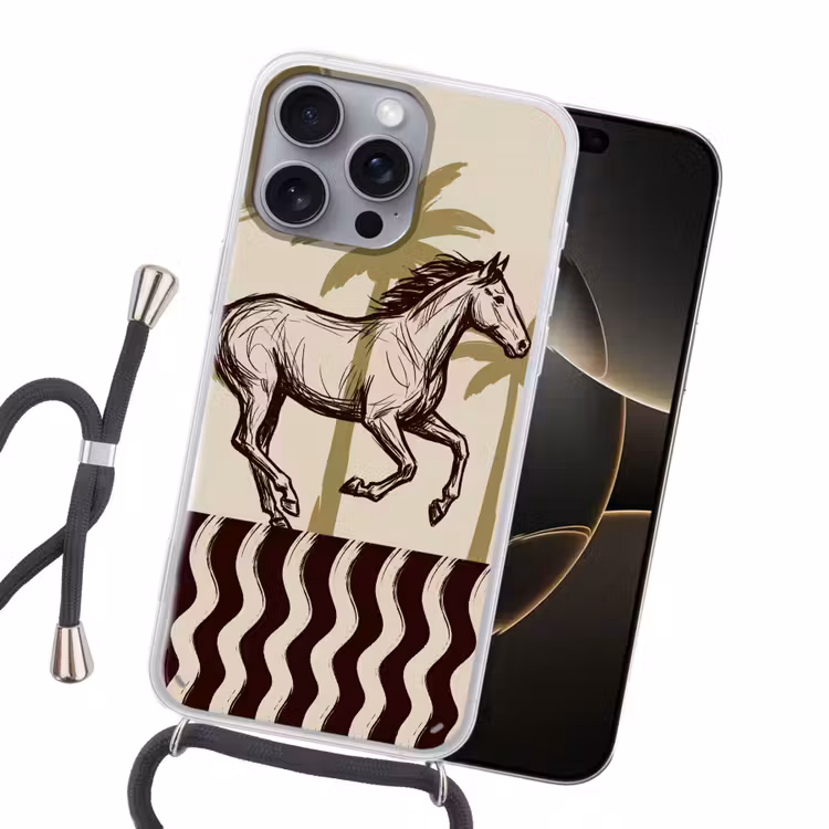 Paard - Galopperend - Woestijn - Illustratie Hoesje iPhone 16 Pro Max met koord klein -sfeer1