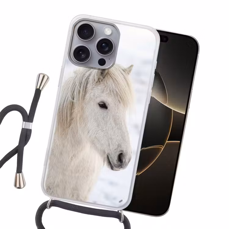 Paard - Kop - Winter - Dieren - Wit Hoesje iPhone 16 Pro Max met koord klein -sfeer1