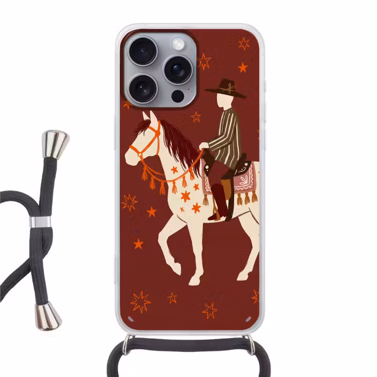 Paard - Ruiter - Sterren - Nacht - Illustratie Hoesje iPhone 16 Pro Max met koord klein -3d